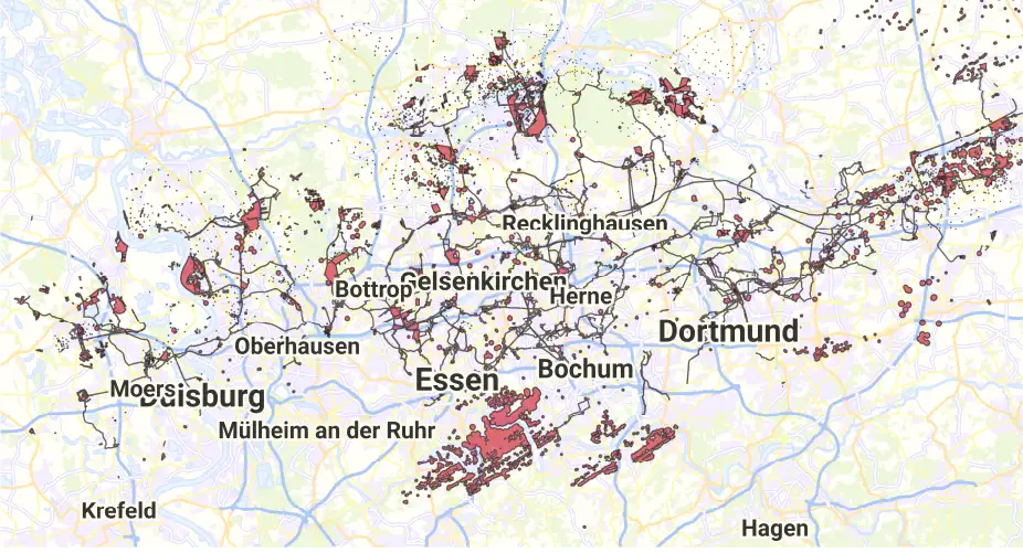 „Karte des Ruhrgebiets mit rot markierten Bergbau-Bearbeitungsräumen der RAG rund um Duisburg, Essen, Bochum, Gelsenkirchen, Dortmund und Recklinghausen.