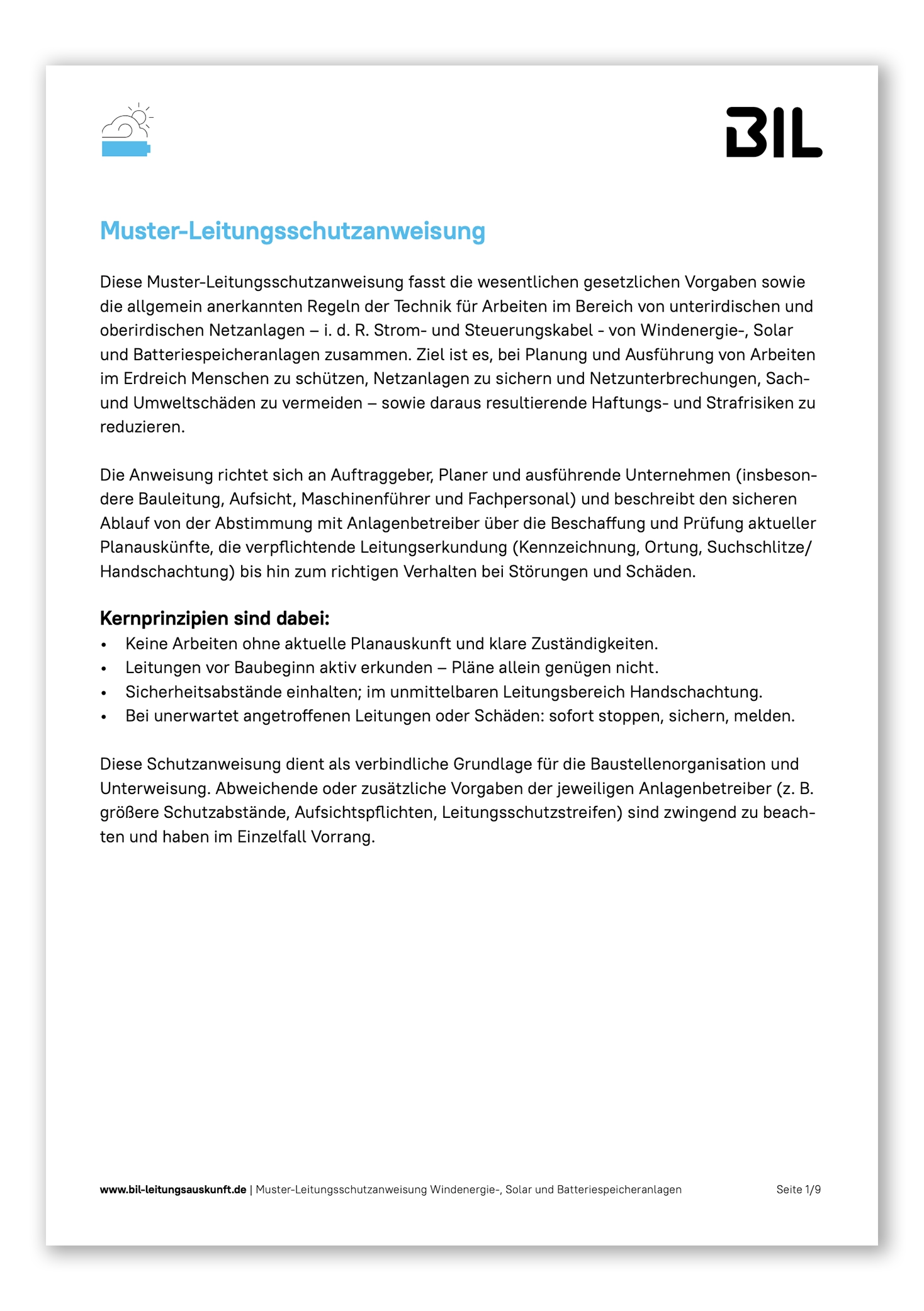 Titelseite der Muster-Leitungsschutzanweisung für Windenergie-, Solar- und Batteriespeicheranlagen mit BIL-Logo