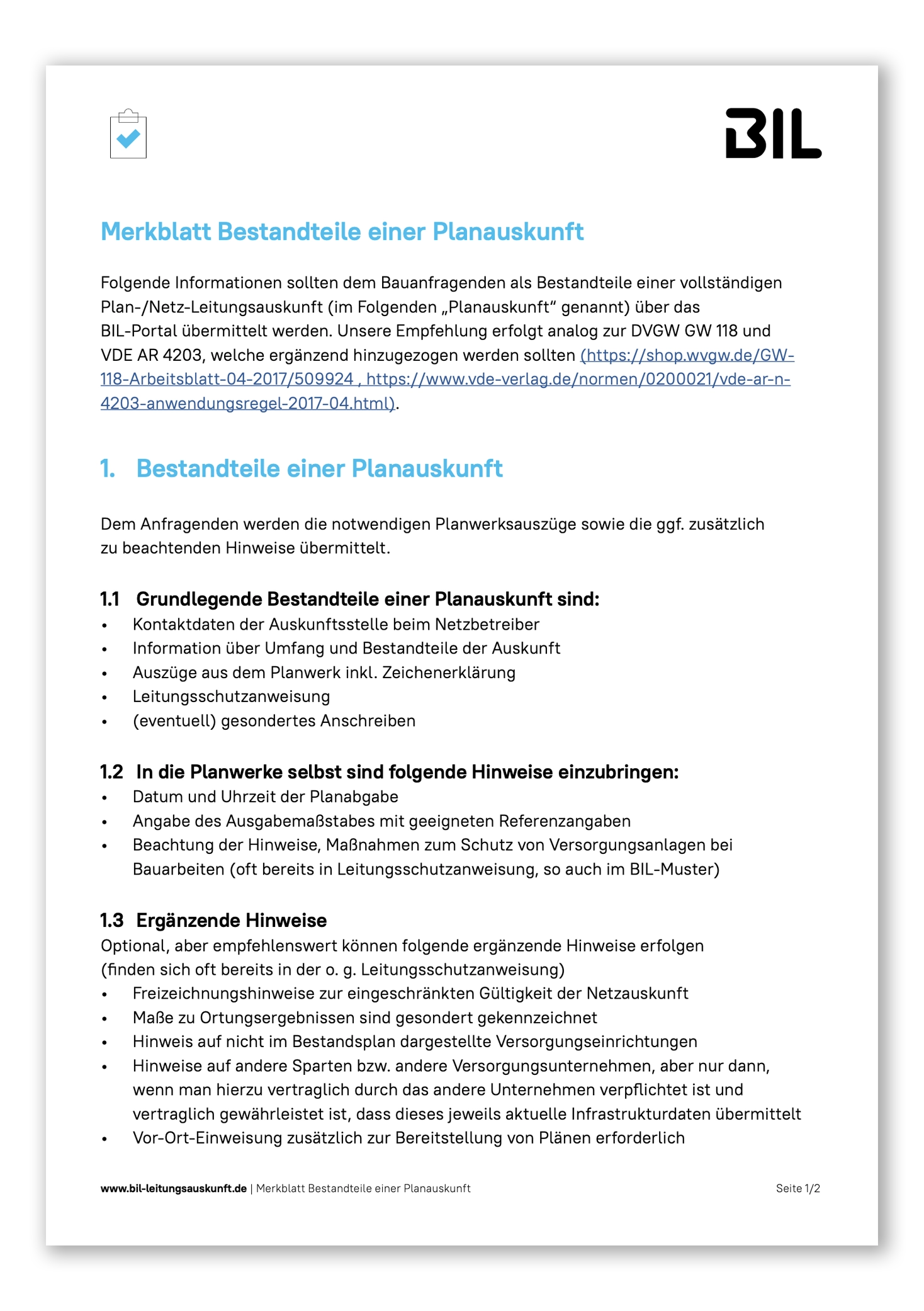 Icon eines Klemmbretts mit Häkchen als Symbol für das BIL-Merkblatt „Bestandteile einer Planauskunft"