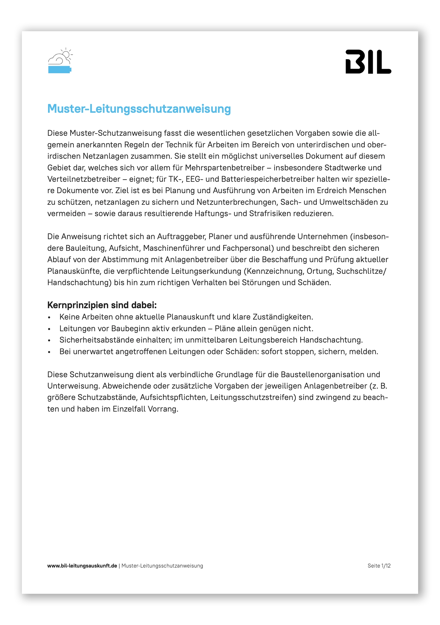 Titelseite der allgemeinen Muster-Leitungsschutzanweisung für Mehrspartenbetreiber mit BIL-Logo
