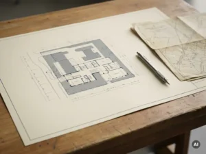 Architektonischer Lageplan auf weißem Zeichentisch mit Druckbleistift und gefaltetem Vermessungsplan, Blautöne, Studiobeleuchtung.