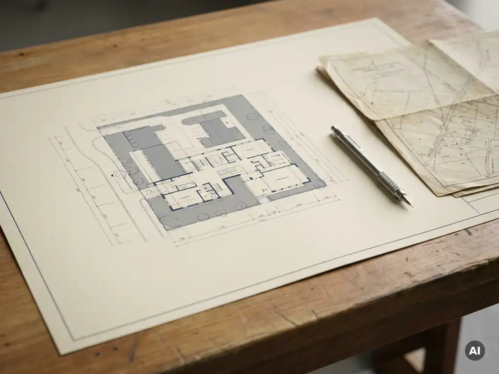 Architektonischer Lageplan auf weißem Zeichentisch mit Druckbleistift und gefaltetem Vermessungsplan, Blautöne, Studiobeleuchtung.