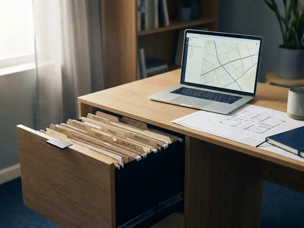 Halb geöffnete Archivschublade mit beschrifteten Hängemappen, Laptop mit Kartenansicht und Grundriss auf Eichenholzschreibtisch.