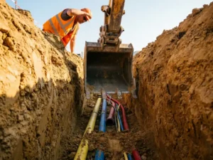 Baggerschaufel knapp über freigelegten Versorgungsleitungen in Erdaushub, Arbeiter in Warnweste beobachtet Grabungsarbeiten von oben.