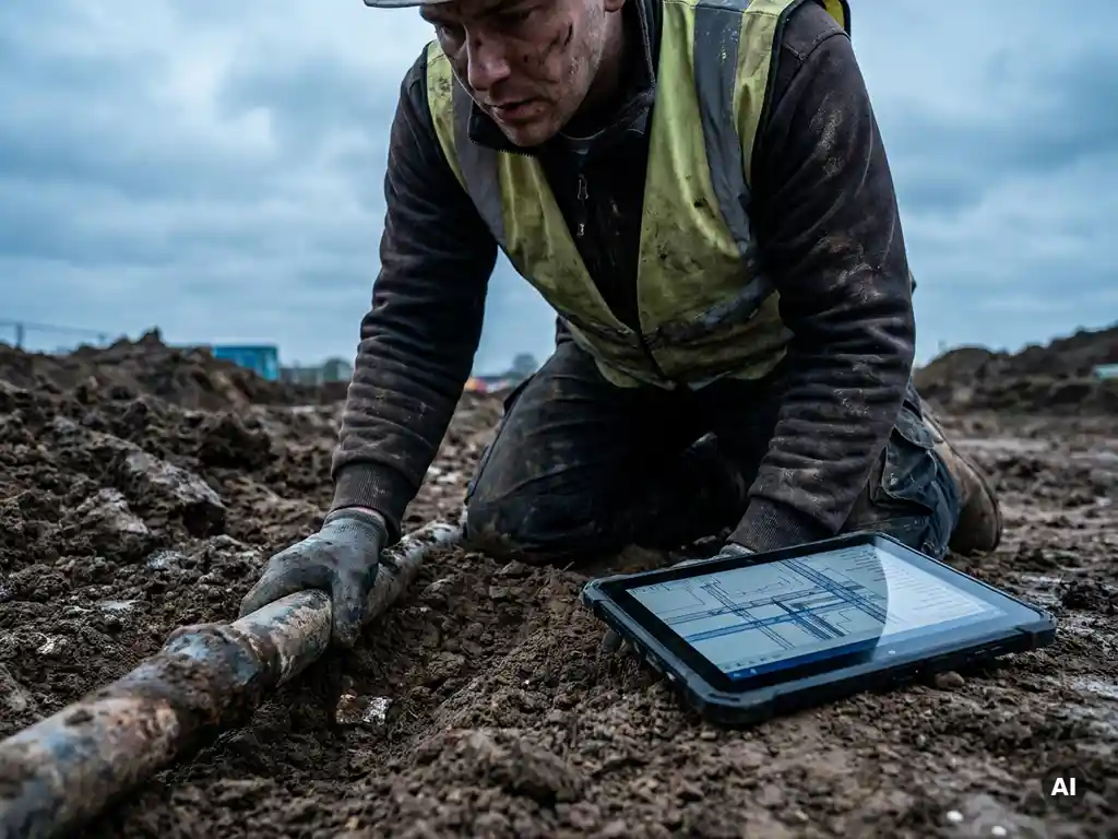 Bauarbeiter kniet auf aufgewühltem Erdreich und untersucht ein unerwartetes Rohr im Boden, daneben ein Tablet mit Infrastrukturkarten.