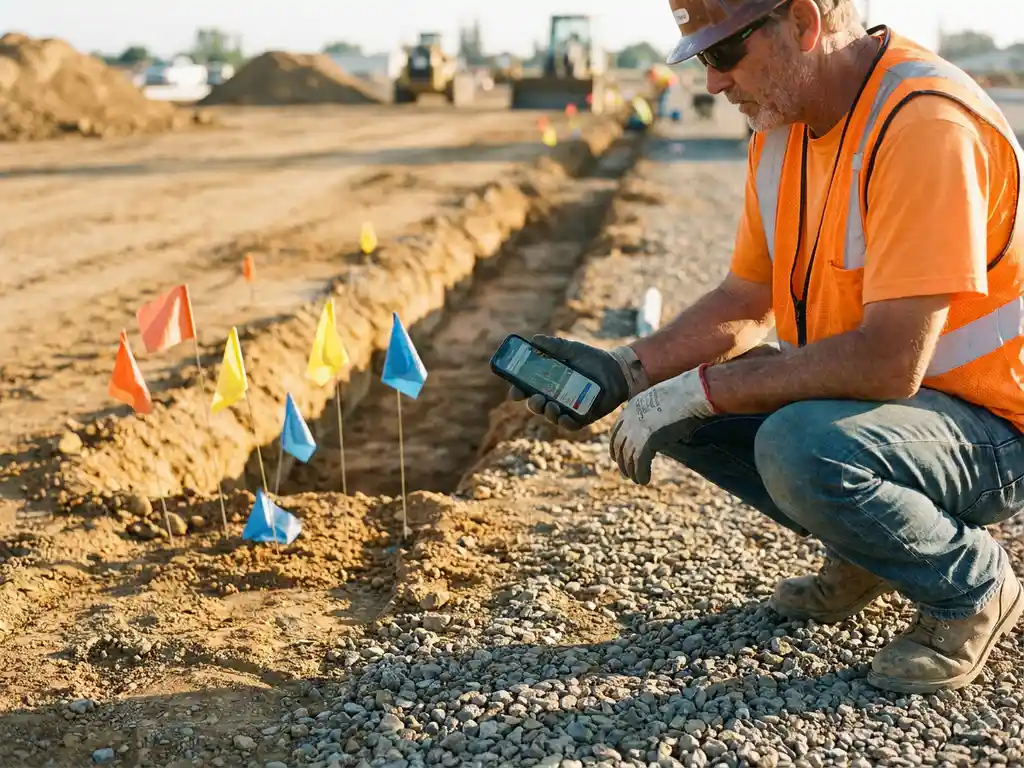 Bauarbeiter hockt auf Kiesbaustelle, prüft digitale Karte auf Smartphone neben Versorgungsleitungsmarkierungen und ausgehobenem Graben.