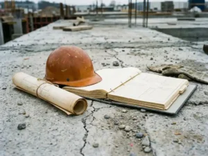 Verwitterter Schutzhelm und Bauplan neben einem aufgeschlagenen Aktenordner auf Betonboden einer Baustelle.