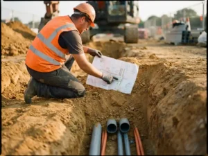 Bauingenieur in Warnweste kauert über offenem Graben und prüft Lageplan, darunter sichtbare Versorgungsleitungen im Querschnitt.