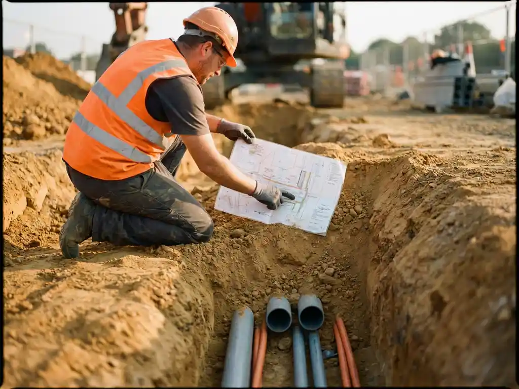 Bauingenieur in Warnweste kauert über offenem Graben und prüft Lageplan, darunter sichtbare Versorgungsleitungen im Querschnitt.