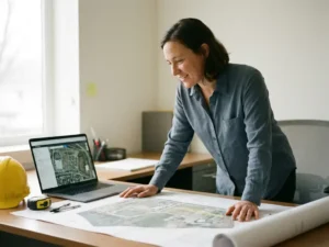 Bauingenieur prüft ausgedruckte Standortkarte am Schreibtisch neben offenem Laptop mit digitaler Kartenansicht und Schutzhelm.