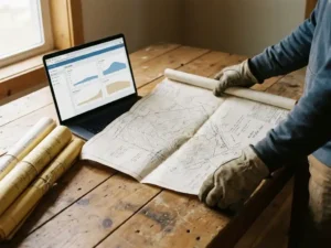Bauingenieur breitet Lageplan auf verwittertem Holztisch aus, daneben Laptop mit Web-Portal und gerollte Vermessungsdokumente.