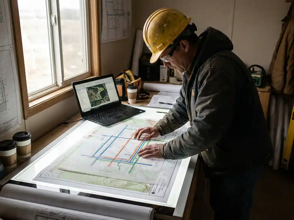 Bauingenieur mit Schutzhelm prüft farbkodierte Versorgungsleitungspläne auf einem Leuchttisch, Laptop mit Kartierungssoftware daneben.
