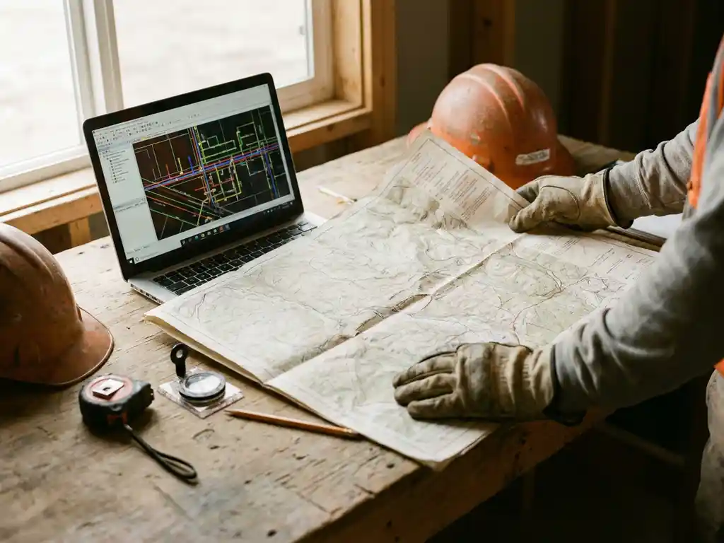 Bauingenieur breitet topografische Karte auf Feldtisch aus, daneben Laptop mit Versorgungsleitungsplan, Schutzhelm und Messwerkzeuge.