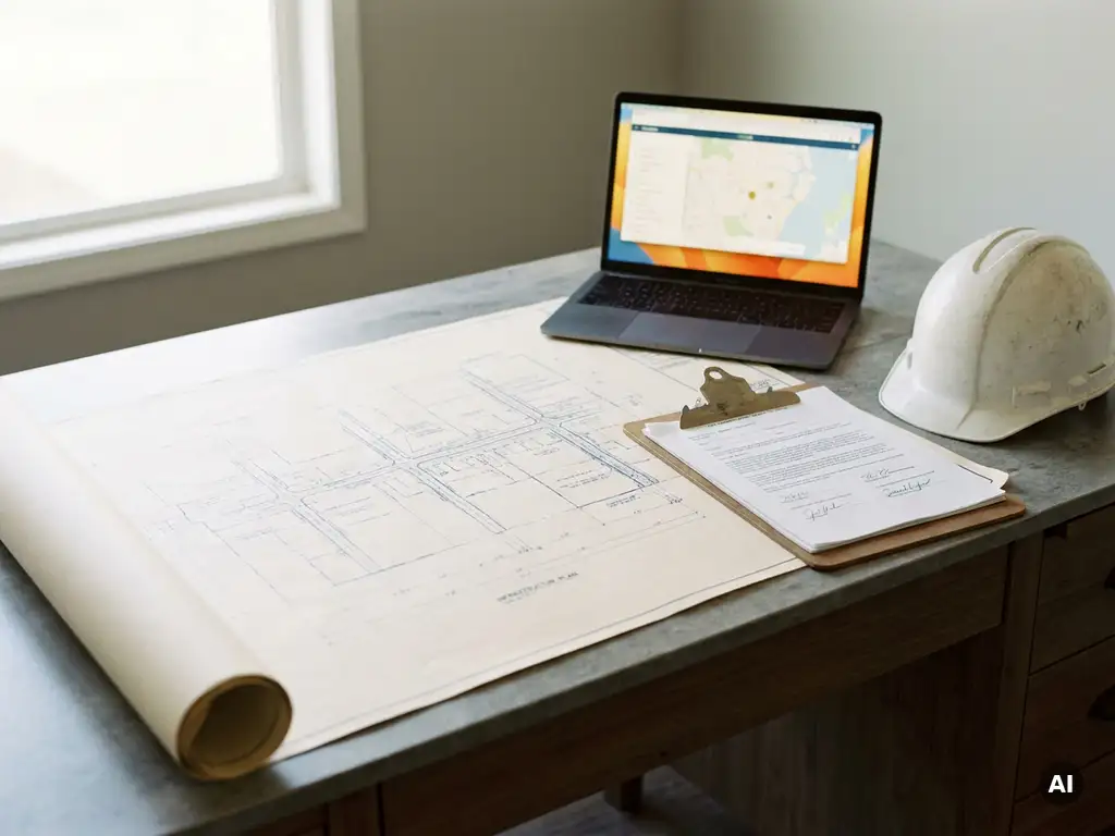 Ordentlicher Bauleiter-Schreibtisch mit ausgebreitetem Infrastrukturplan, Schutzhelm, Klemmbrett mit Dokumenten und Laptop mit Kartenportal.