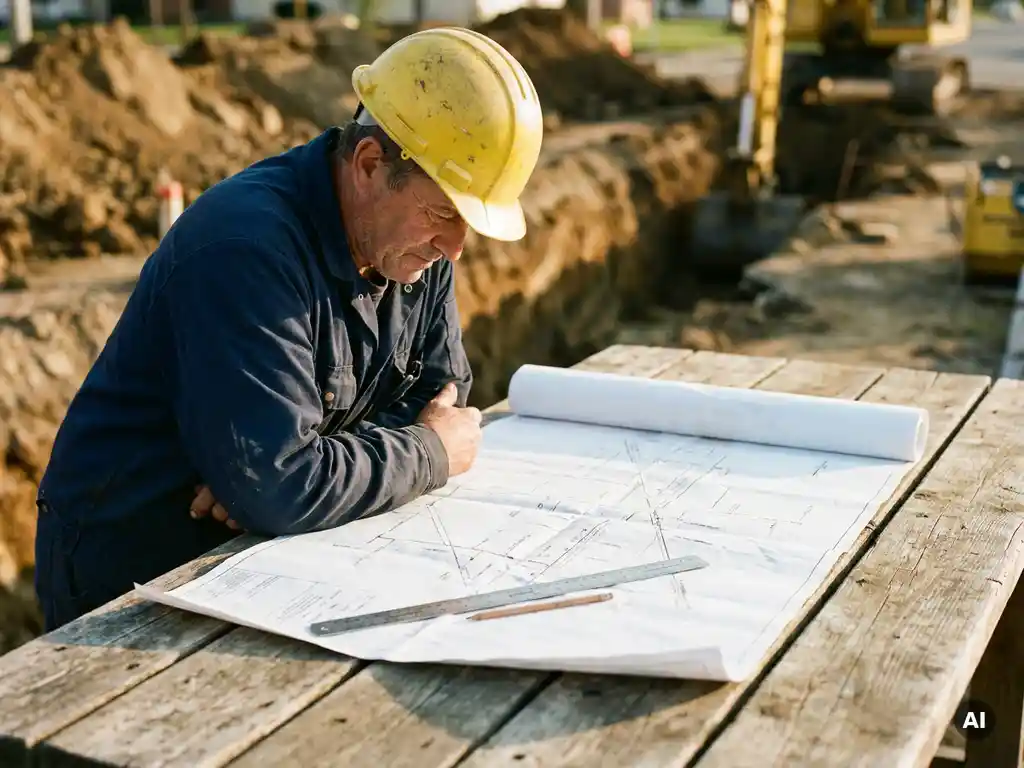 Baustellenleiter mit Schutzhelm analysiert ausgerollten Versorgungsnetzplan auf verwittertem Holztisch, Baugraben im Hintergrund.