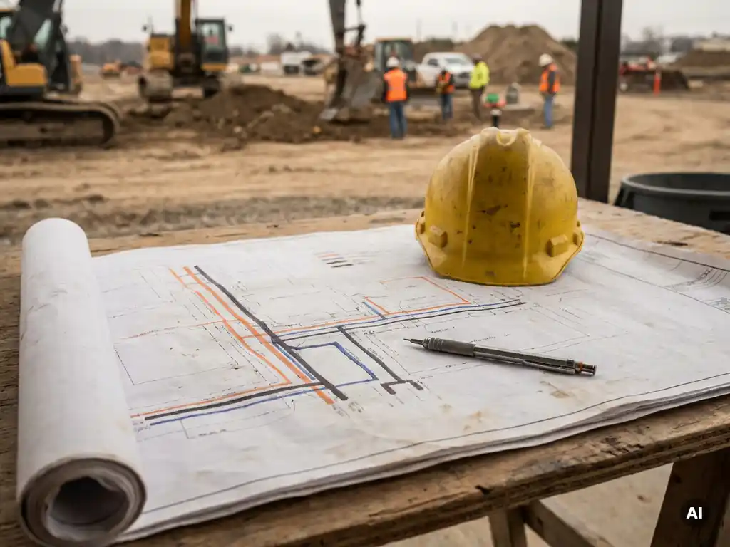 Bauplan mit farbcodierten Versorgungsleitungen auf einem Bautisch, gelber Schutzhelm und Bleistift darauf, Baustelle im Hintergrund.