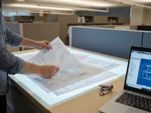 Ingenieurshände breiten Geodaten-Planblätter auf einem Leuchttisch aus, daneben USB-Sticks und Laptop mit technischen Zeichnungen.