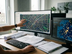 GIS-Spezialist navigiert digitale Karte auf Monitor, daneben Glasfaser-Netzpläne und ein zweiter Bildschirm mit geografischen Layerdaten.
