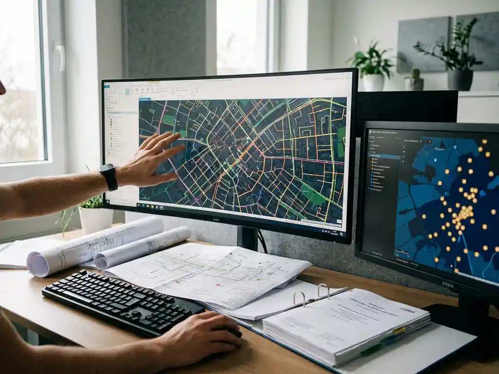 GIS-Spezialist navigiert digitale Karte auf Monitor, daneben Glasfaser-Netzpläne und ein zweiter Bildschirm mit geografischen Layerdaten.