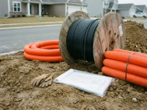 Glasfaserkabel-Spule und orangefarbene Leerrohre auf aufgegrabenem Erdreich einer Baustelle für Breitbandausbau im Wohngebiet.