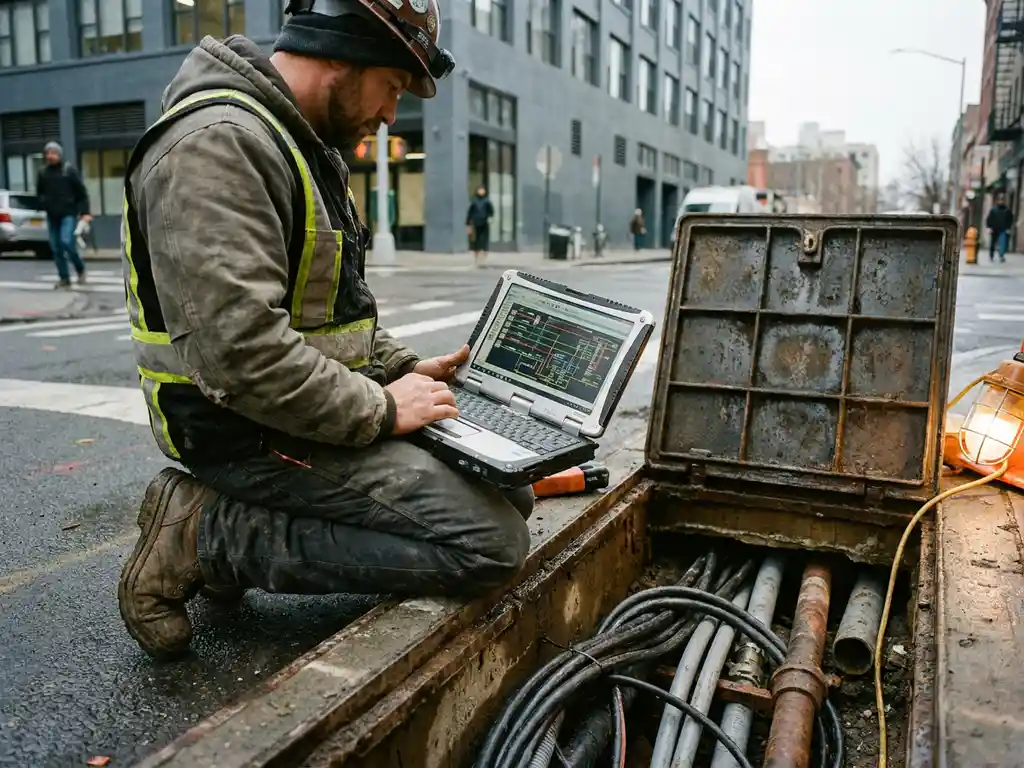 Feldingenieur kniet neben geöffnetem Versorgungsschacht in städtischer Straße und prüft Infrastruktur-Netzwerkkarten auf robustem Laptop.