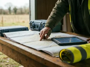 Vermesser traciert mit dem Finger eine Katasterkarte auf einem Feldtisch, daneben ein Tablet mit digitalem Rasteroverlay.