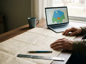 Bauingenieur prüft gedruckte Katasterkarte am Schreibtisch, daneben Laptop mit digitaler Zonenplanung, Bleistift und Lineal auf dem Plan.