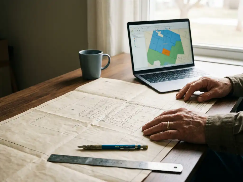 Bauingenieur prüft gedruckte Katasterkarte am Schreibtisch, daneben Laptop mit digitaler Zonenplanung, Bleistift und Lineal auf dem Plan.