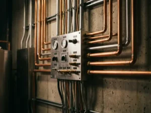 Kupferleitungen verschiedener Durchmesser münden in ein modernes Verteilerfeld an einer Betonwand, industrielle Rohrinstallation.