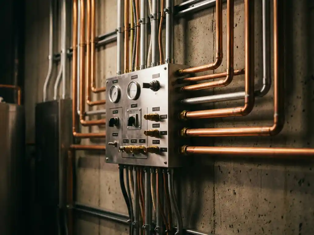 Kupferleitungen verschiedener Durchmesser münden in ein modernes Verteilerfeld an einer Betonwand, industrielle Rohrinstallation.
