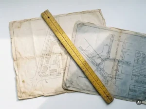 Vergilbter Lageplan und Versorgungsnetzplan auf weißem Schreibtisch, gelbes Vermessungslineal diagonal darübergelegt, natürliches Tageslicht.
