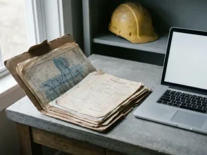 Abgenutzter Papierordner mit handannotierten Versorgungskarten neben aufgeklapptem Laptop auf Betonschreibtisch, gelber Schutzhelm im Hintergrund.