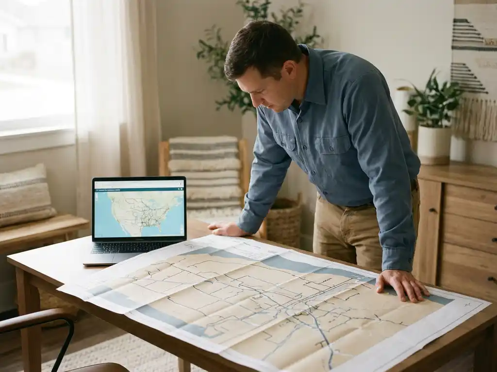 Techniker analysiert ausgedruckte Pipelinenetzwerkkarte am Schreibtisch neben aufgeklapptem Laptop mit geografischer Karte.