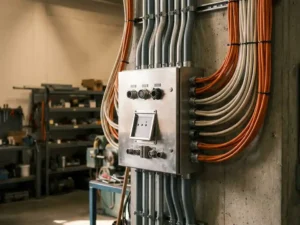 Metallrohre und Kabelbündel laufen in einem ordentlichen Verteilerkasten an einer Betonwand zusammen, mit sichtbaren Anschlussports.