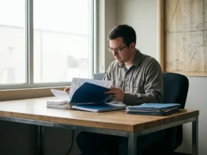 Netzwerkingenieur sichtet und filtert Anfragedokumente an einem aufgeräumten Industrieschreibtisch mit Lageplan im Hintergrund.