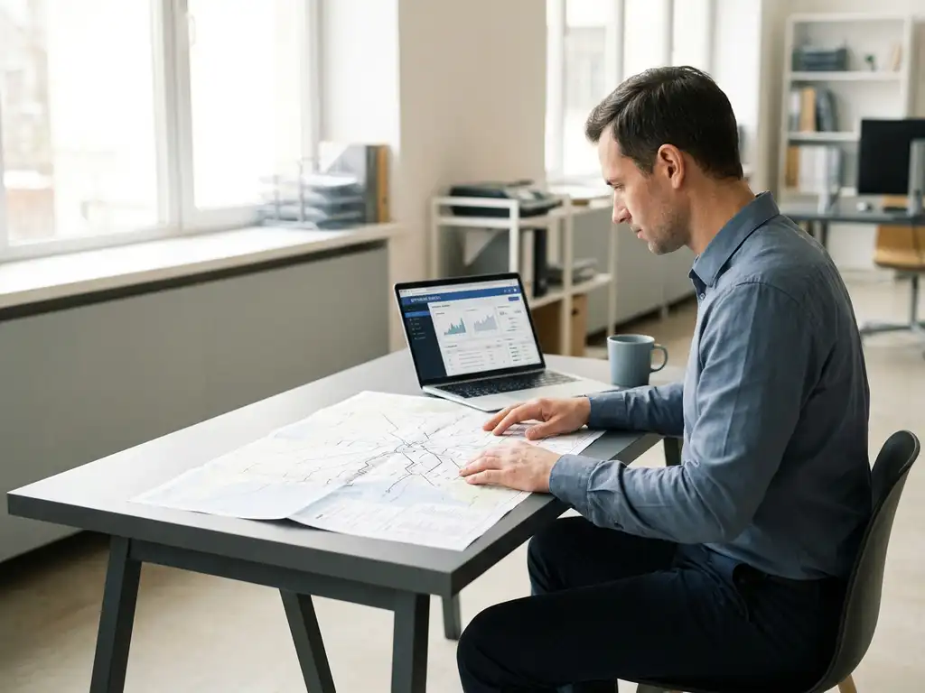 Netzwerkoperator prüft detaillierte Infrastrukturkarte am modernen Schreibtisch neben geöffnetem Laptop mit Portal-Oberfläche.