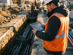 Netzwerkoperator mit Schutzweste und Helm prüft digitale Standortkarte auf robustem Tablet an offenem Versorgungsgraben im Abendlicht.