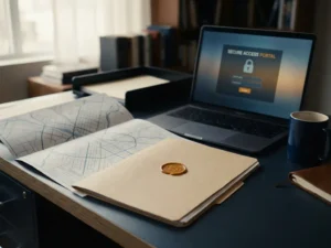 Ordentlicher Schreibtisch mit gestempelter Akte, teilweise sichtbarer Infrastrukturkarte und Laptop mit sicherem Portal-Interface.