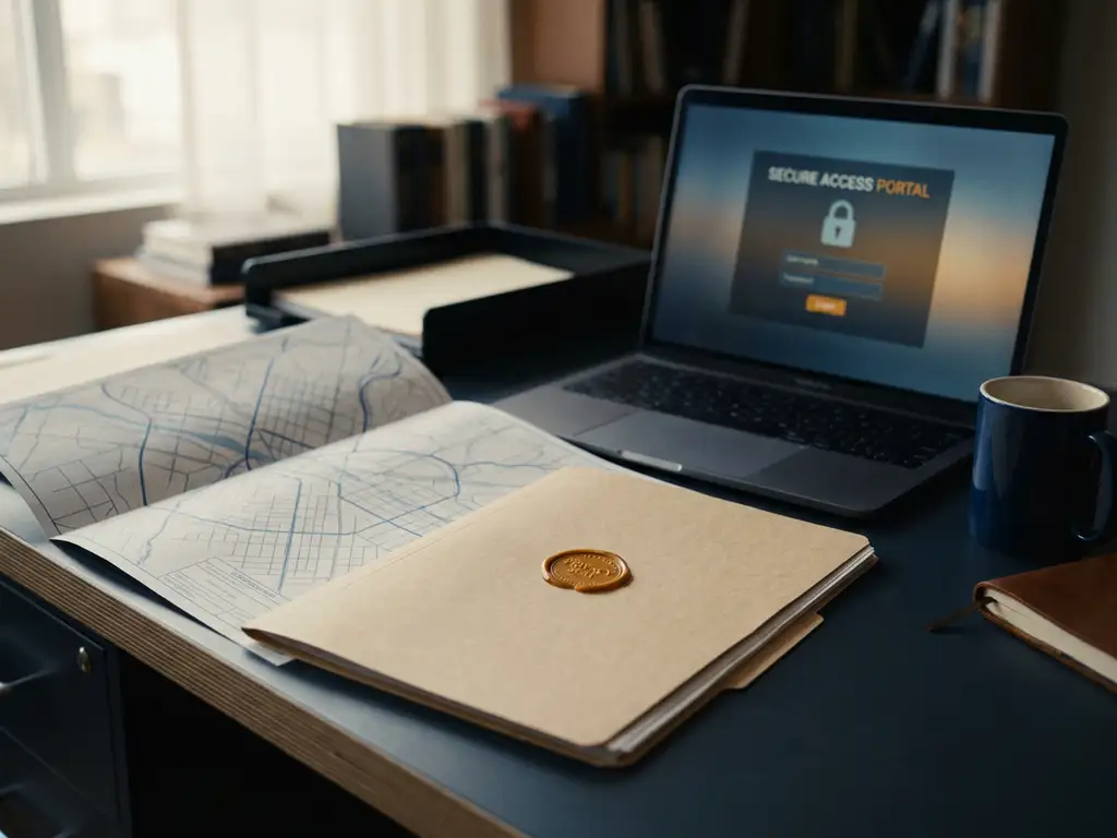 Ordentlicher Schreibtisch mit gestempelter Akte, teilweise sichtbarer Infrastrukturkarte und Laptop mit sicherem Portal-Interface.