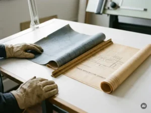 Planerhände legen kommunale Versorgungskarte und private Infrastrukturzeichnung nebeneinander, verbunden durch ein Lineal auf weißem Zeichentisch.