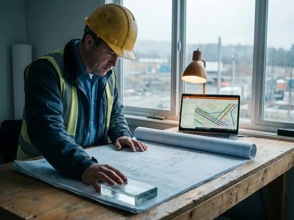 Bauingenieur mit Schutzhelm prüft Infrastrukturpläne an einem Arbeitstisch mit ausgerollten Versorgungskarten und Laptop mit Pipeline-Netzwerkkarte.