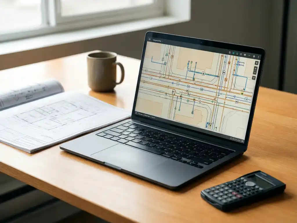 Laptop mit unterirdischem Leitungsplan auf einem Schreibtisch neben gefaltetem Lageplan und Taschenrechner im modernen Büro.