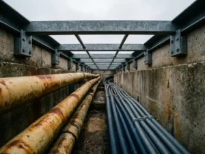 Verwittertes Leitungsbündel aus Gas-, Strom- und Datenkabeln in einem Betonkanal, von unten gegen bewölkten Himmel fotografiert.