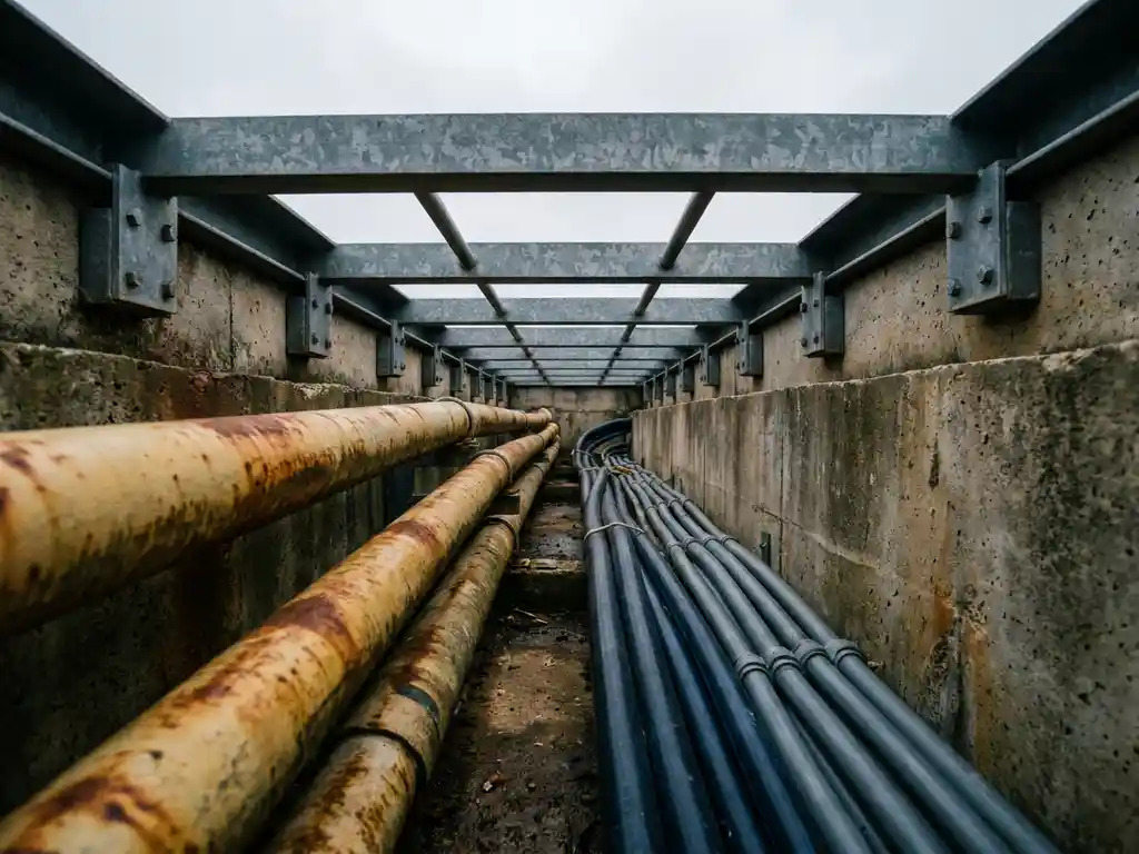 Verwittertes Leitungsbündel aus Gas-, Strom- und Datenkabeln in einem Betonkanal, von unten gegen bewölkten Himmel fotografiert.