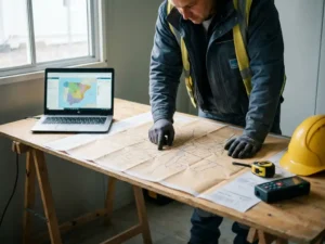 Infrastrukturtechniker analysiert gedruckte Untergrundnetzwerkkarte auf Feldtisch neben aufgeklapptem Laptop, Schutzhelm und Messwerkzeuge daneben.