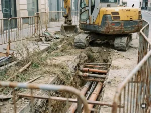 Verlassene Baustelle mit gelbem Bagger neben offenem Graben, freiliegenden Versorgungsleitungen und überwucherten Erdrändern bei bedecktem Himmel.