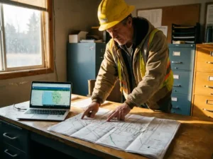 Versorgungsmitarbeiter mit Schutzhelm prüft Infrastrukturkarte auf verwittertem Holztisch neben aufgeklapptem Laptop mit Web-Portal.