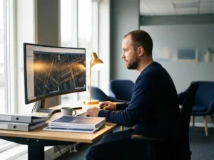 Netzwerkbetreiber am Schreibtisch analysiert digitale Karte unterirdischer Pipelinerouten auf großem Monitor, Infrastrukturdokumente daneben.