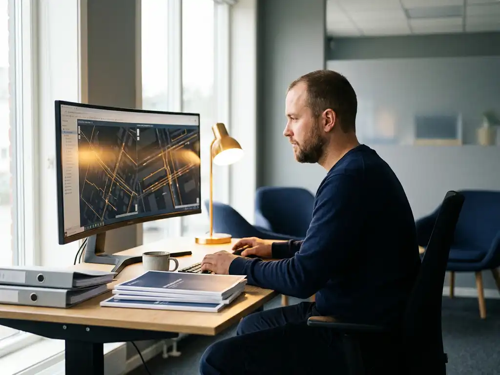 Netzwerkbetreiber am Schreibtisch analysiert digitale Karte unterirdischer Pipelinerouten auf großem Monitor, Infrastrukturdokumente daneben.